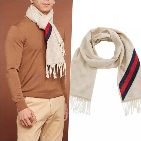 Gucci Mens Logo Monogram Wool Long Fringe Scarf Cream Beige NWOT - Picture 1 of 7